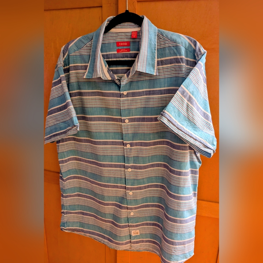Izod Men's Casual Blue and White Striped Shirt XL